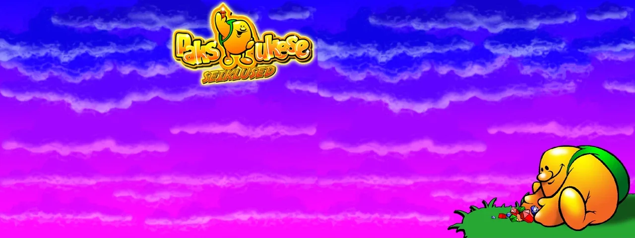 The title screen: the Paksukese seiklused logo in a violet evening sky, with Paksuke sitting on the grass